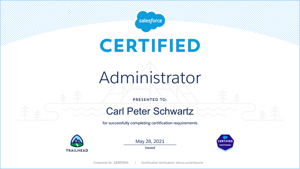 Carl Peter Schwartz, Salesforce Certified Administrator, Credential ID: 22207014